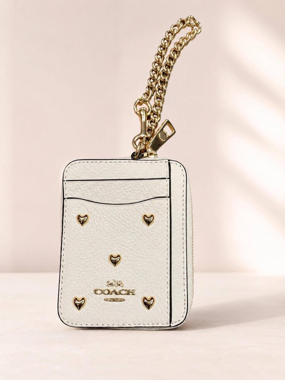Coach White Leather Card Holder with Gold Heart Studs and Chain Strap